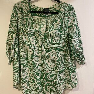 Anthropologie Maeve Charleston Large Green and White Floral Henley Blouse